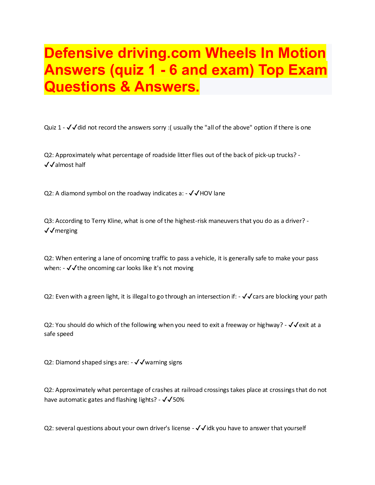 Defensive Wheels In Motion Answers (quiz 1 6 and exam